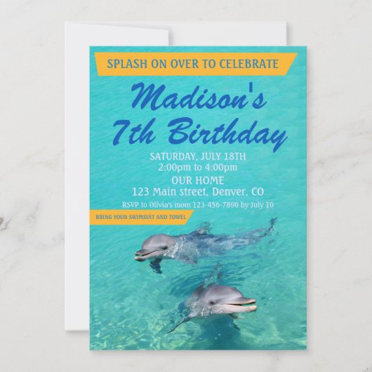 Dolphin birthday invitation Pool party invite 招待状 (正面)