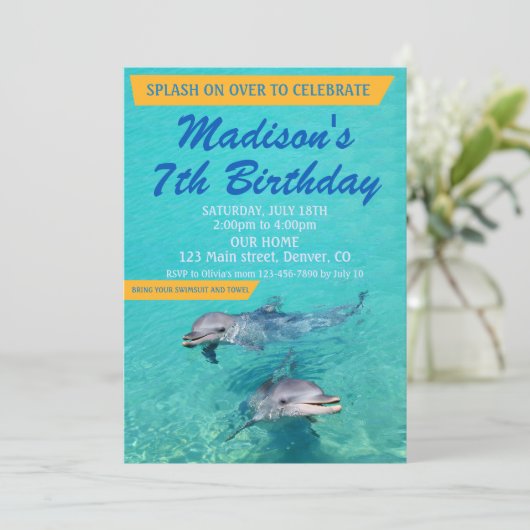 Dolphin birthday invitation Pool party invite 招待状 (スタンド正面)