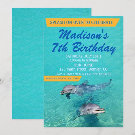 Dolphin birthday invitation Pool party invite 招待状 (正面/裏面)