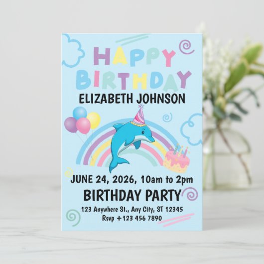 Dolphin Birthday Party Invitation in Blue 招待状 (スタンド正面)
