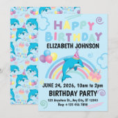 Dolphin Birthday Party Invitation in Blue 招待状 (正面/裏面)
