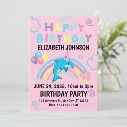 Dolphin Birthday Party Invitation in Pink 招待状 (スタンド正面)
