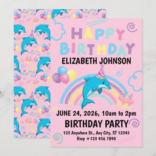 Dolphin Birthday Party Invitation in Pink 招待状 (正面/裏面)