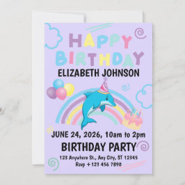 Dolphin Birthday Party Invitation in Purple 招待状