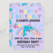 Dolphin Birthday Party Invitation in Purple 招待状 (正面/裏面)