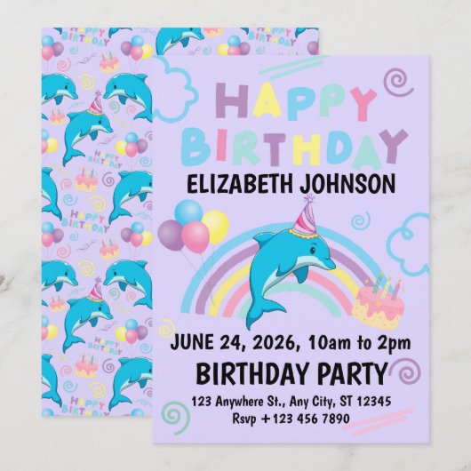 Dolphin Birthday Party Invitation in Purple 招待状 (正面/裏面)