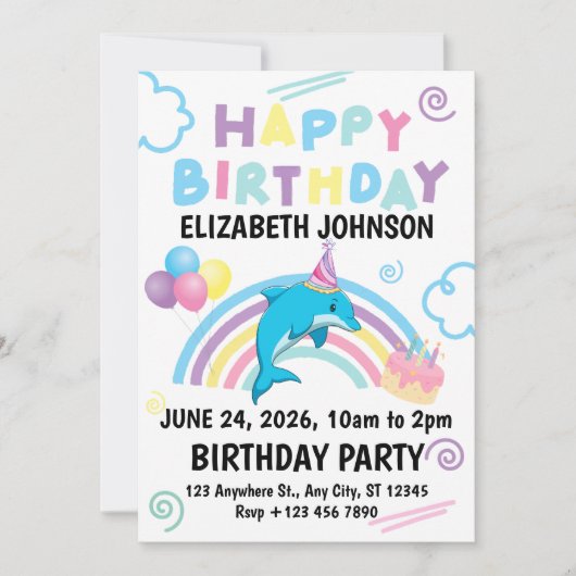 Dolphin Birthday Party Invitation in White 招待状 (正面)