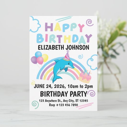 Dolphin Birthday Party Invitation in White 招待状 (スタンド正面)