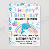 Dolphin Birthday Party Invitation in White 招待状 (正面/裏面)