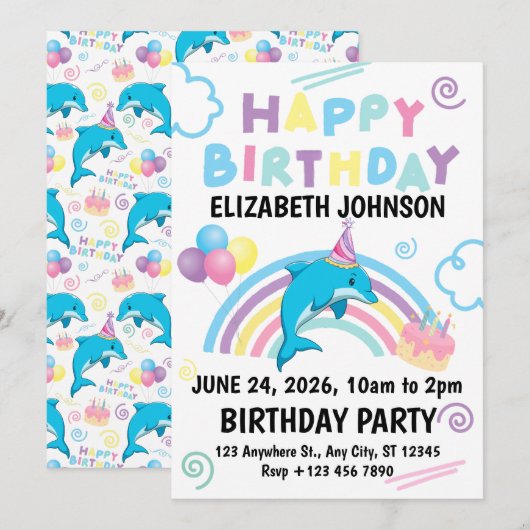 Dolphin Birthday Party Invitation in White 招待状 (正面/裏面)