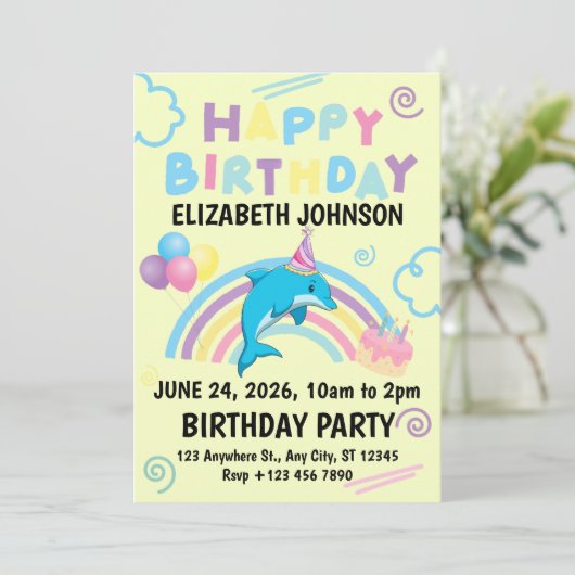 Dolphin Birthday Party Invitation in Yellow 招待状 (スタンド正面)