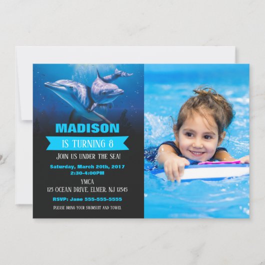 Dolphin Birthday Photo Invitation Pool Party 招待状 (正面)