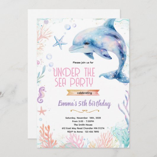 Dolphin birthday theme party invitation 招待状 (正面/裏面)