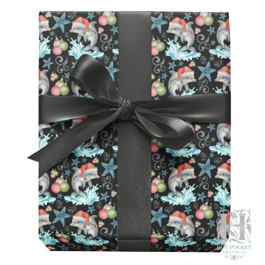 Dolphin Christmas Gift Wrapping Paper - Black ラッピングペーパー