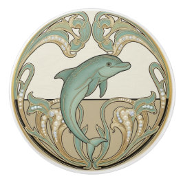 Dolphin Green Cream & Gold Art Deco Nouveau Ocean セラミックノブ