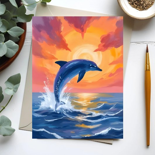 Dolphin Leap Sunset Watercolor Ocean Painted Card