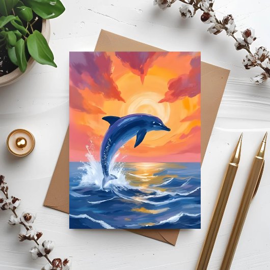 Dolphin Leap Sunset Watercolor Ocean Painted Card