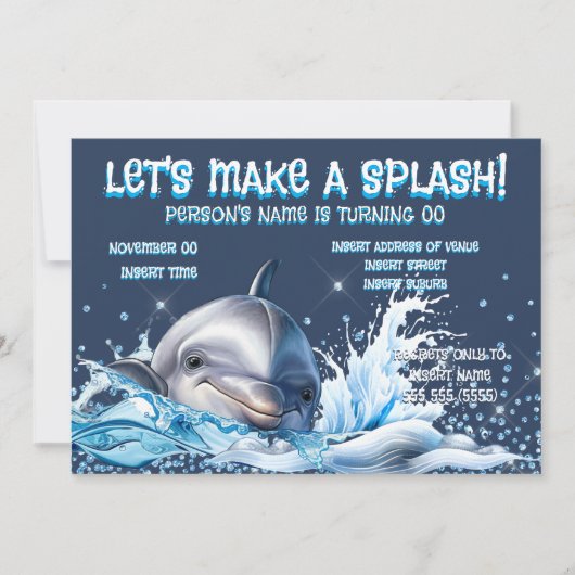 Dolphin Lovers glitter birthday ocean splash 招待状 (正面)