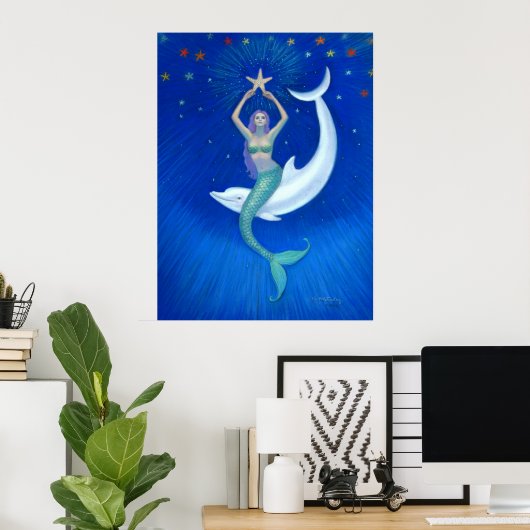 Dolphin Moon Mermaid fantasy art Poster ポスター (ホームオフィス)
