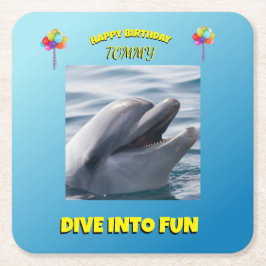 Dolphin Splash Birthday スクエアペーパーコースター