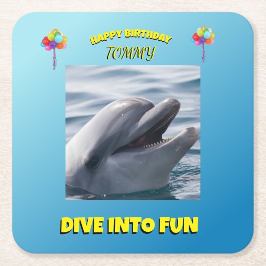 Dolphin Splash Birthday スクエアペーパーコースター (正面)