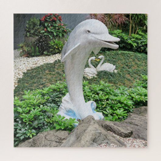 Dolphin, statue, park, plants, flowers, nature, ジグソーパズル (縦)