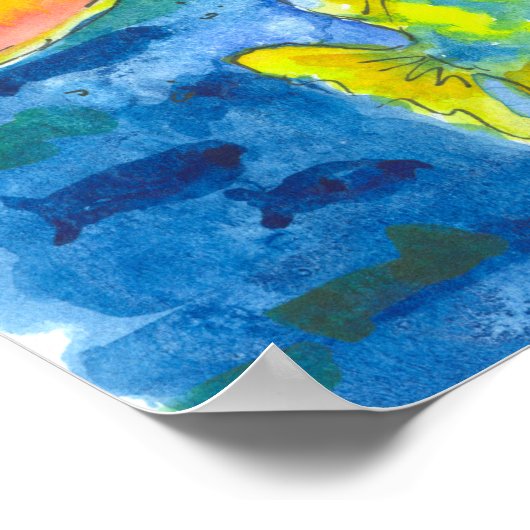 Dolphin Tropical Fish Watercolor Painting ポスター (角)