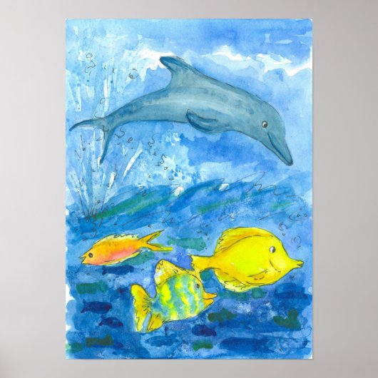 Dolphin Tropical Fish Watercolor Painting ポスター (正面)