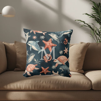 Dolphin Turtle Marine Life Coastal Nursery Decor  クッション