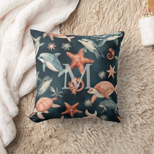 Dolphin Turtle Marine Life Coastal Nursery Decor クッション (ブランケット)