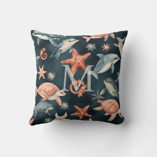 Dolphin Turtle Marine Life Coastal Nursery Decor  クッション (裏面)