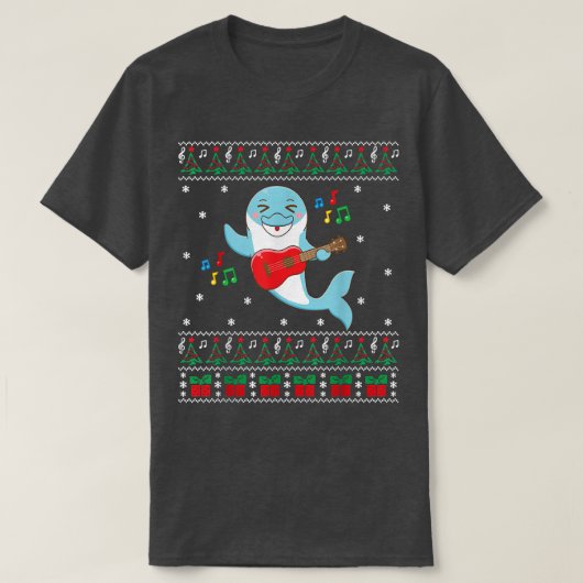 Dolphin Ugly Christmas Sweater Guitar Xmas Family Tシャツ (デザイン正面)
