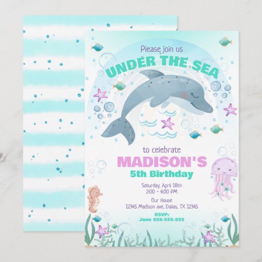 Dolphin Under the Sea Birthday  招待状 (正面/裏面)