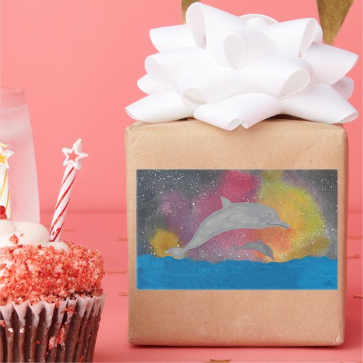 Dolphins Against a Galaxy Sky 長方形シール (パーティー)