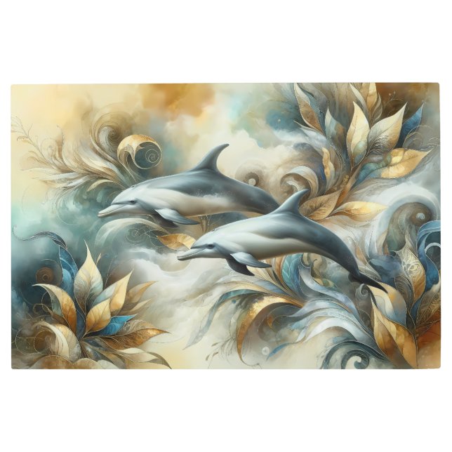 Dolphins Golden Botanical Dreamscape メタルプリント (正面)