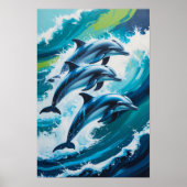 Dolphins Jumping Through Ocean Waves Dynamic Marin ポスター (正面)