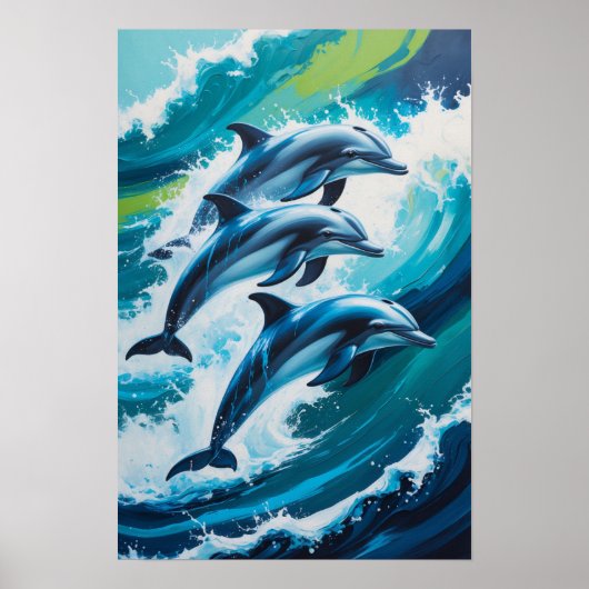 Dolphins Jumping Through Ocean Waves Dynamic Marin ポスター (正面)