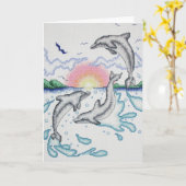 Dolphins Playing at Sunrise Ocean Beach Note カード (黄色い花)