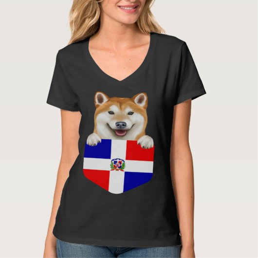 Dominican Republic Flag Shiba Inu Dog In Pocket Tシャツ (正面)