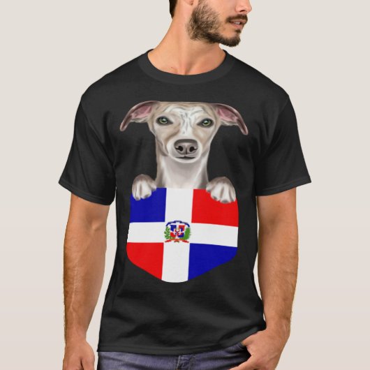 Dominican Republic Flag Whippet Dog In Pocket Tシャツ (正面)