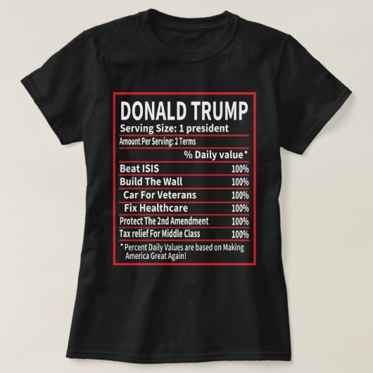 Donald Trump Nutrition Facts – クリスおもしろいマス Tシャツ (デザイン正面)