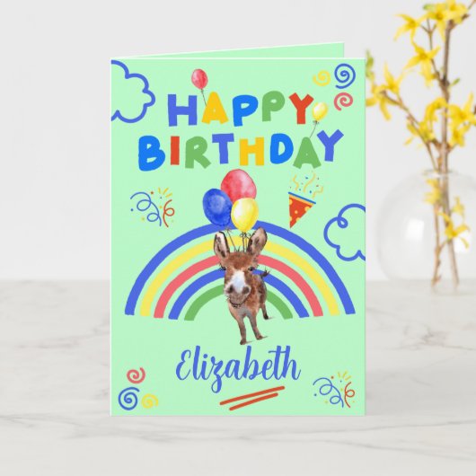 Donkey Birthday Card in Green カード (黄色い花)
