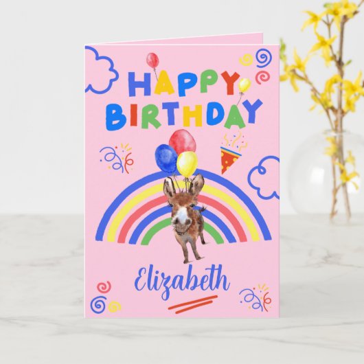 Donkey Birthday Card in Pink カード (黄色い花)