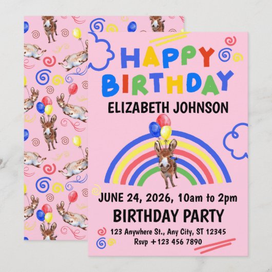 Donkey Birthday Invitation in Pink 招待状 (正面/裏面)