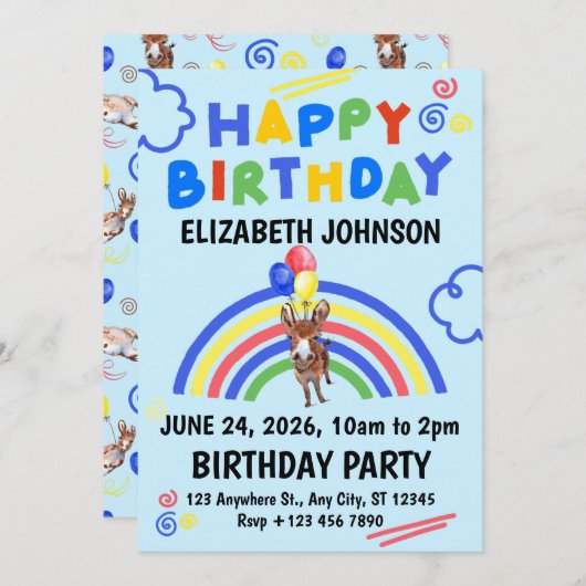 Donkey Birthday Party Invitation Blue 招待状 (正面/裏面)