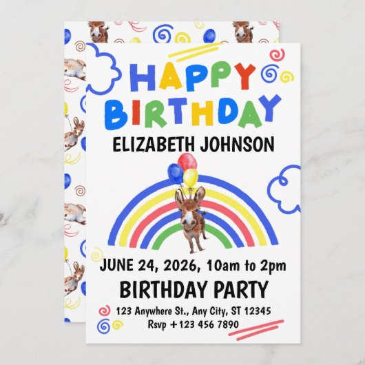 Donkey Birthday Party Invitation White 招待状 (正面/裏面)