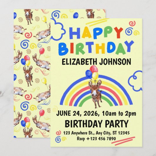 Donkey Birthday Party Invitation Yellow 招待状 (正面/裏面)