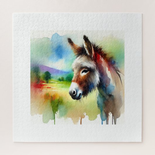 Donkey in Watercolor Art 060724AREF111 - Watercolo ジグソーパズル (縦)