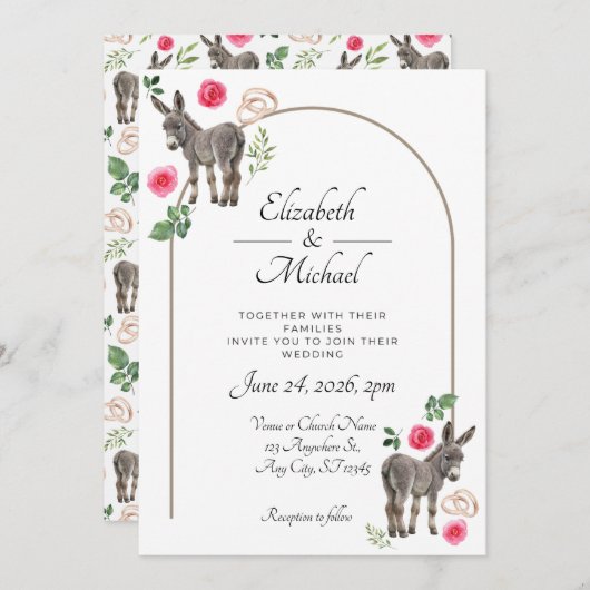 Donkey Pink Floral Wedding Invitation  招待状 (正面/裏面)