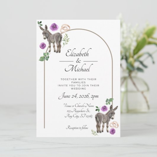 Donkey Purple Floral Rustic Wedding 招待状 (スタンド正面)